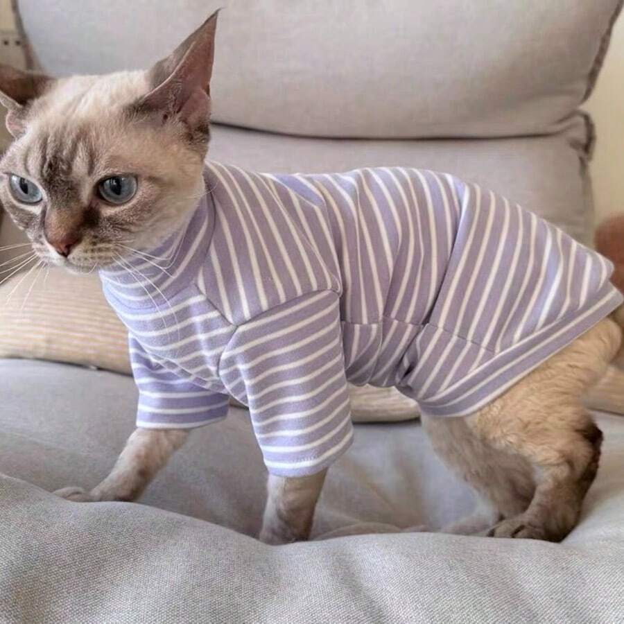 条纹高领猫咪毛衣,舒适弹力春夏宠物服装,适合斯芬克斯猫和德文卷毛猫等无毛猫 - 綠色 - 查看 1