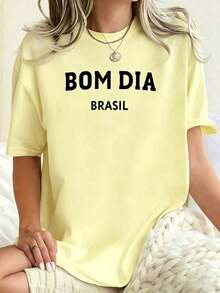 Camiseta Gráfica "Bom Dia Brasil" para Mujer - Diseño Minimalista con Letras, Manga Corta, Cuello Redondo, Camiseta Casual para Uso Diario, Diseño con Texto en Portugués Brasileño, Camiseta Ajustada para Todas las Temporadas, Ropa de Verano, Ropa de Pascua para Mujer, Conjuntos de Regalo para el Día de la Madre, Camiseta Gráfica Divertida de Talla Grande para Mujer.playeras de mujer - Albaricoque - Ver 11