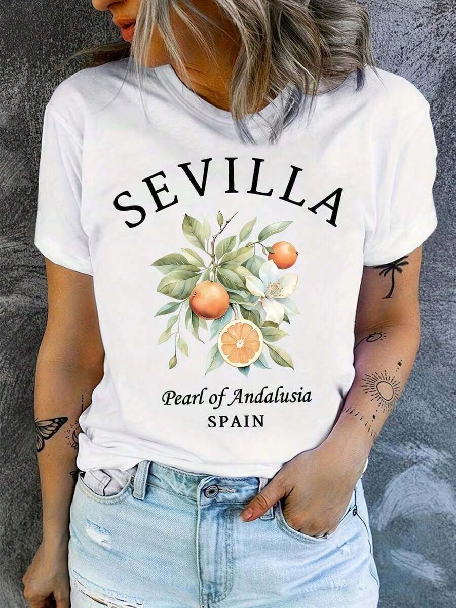 Camisetas Casuales para Mujer, Camiseta Souvenir de Sevilla - Cuello Redondo Casual con Estampado Geométrico Naranja, Tela de Elasticidad Media - Ropa de Verano, Camiseta para Mujer, Estilo Y2K, Camisetas de Moda de Verano, Conjuntos y Tops Casuales de Streetwear - Blanco - Ver 1