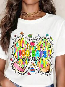 VintageWomen T Shirt 100 Days Of School Celebration Bow Design With Colorful Patterns And School Icons For Kids And Teachers Party WearGraphic Tee - Blanco - Ver 7