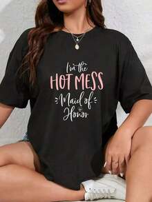 Camiseta 100% Algodón "Hot Mess Maid Of Honor" Divertida y a Juego para Despedida de Soltera, Camiseta Gráfica para Mujer y Hombre, Cuello Redondo, Estilo Clásico, Moda Verano, Tops para Vacaciones - Negro - Ver 5