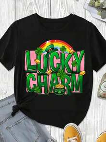 Elegante y casual para mujer, manga corta, camiseta negra con estampado de trébol arcoíris y olla de oro para el Día de San Patricio, ropa casual para mujer, primavera verano. - Negro - Ver 3