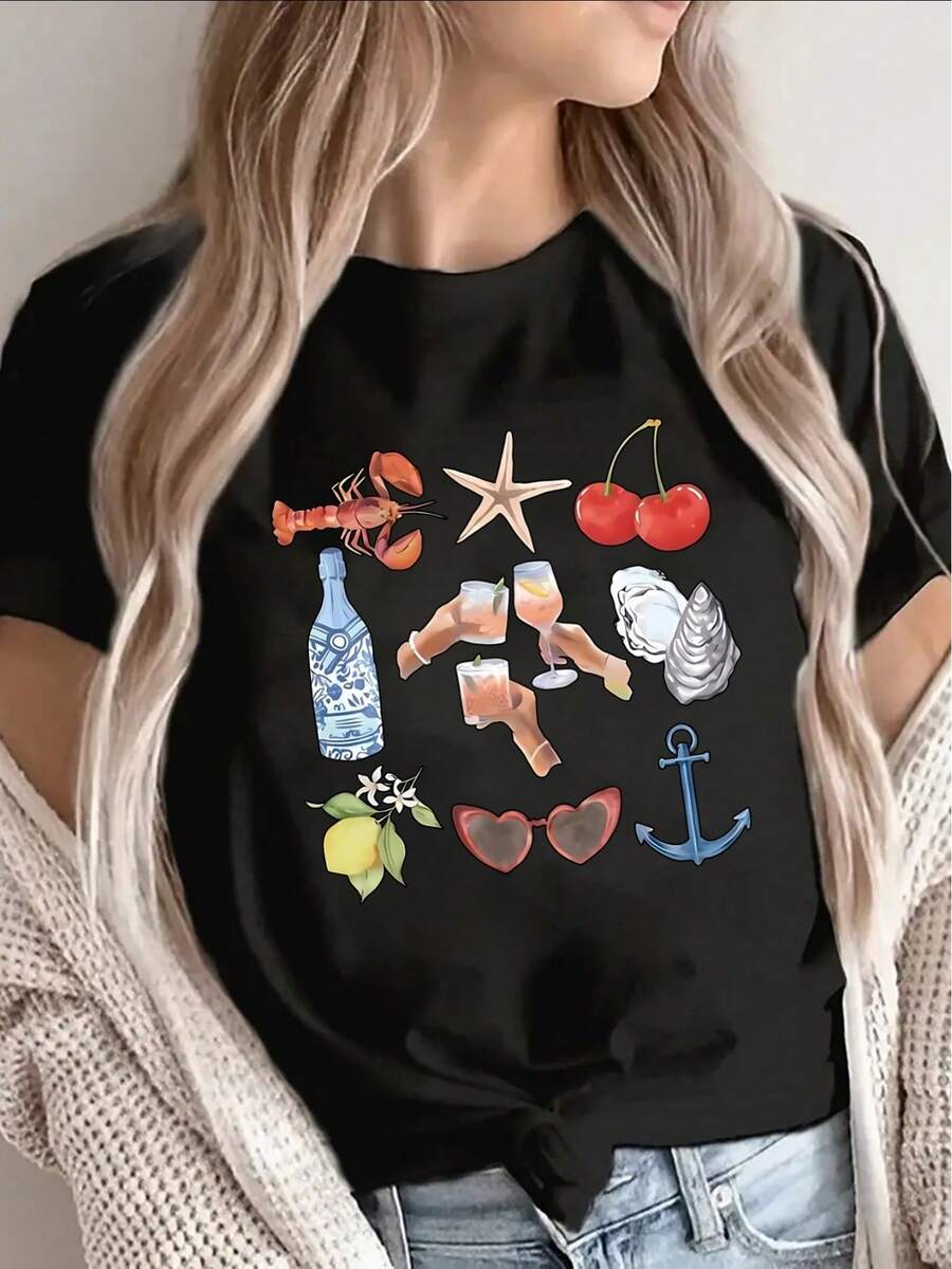 Lightweight And Durable Short-Sleeved T-Shirt With A Summer Beach Print Design, Ideal For Dining Out Or Casual Outdoor Excursions, Featuring Lobster, Starfish, Cherries And Anchor Designs, Perfect For Holidays And Everyday Wear. - 黑色 - 查看 1