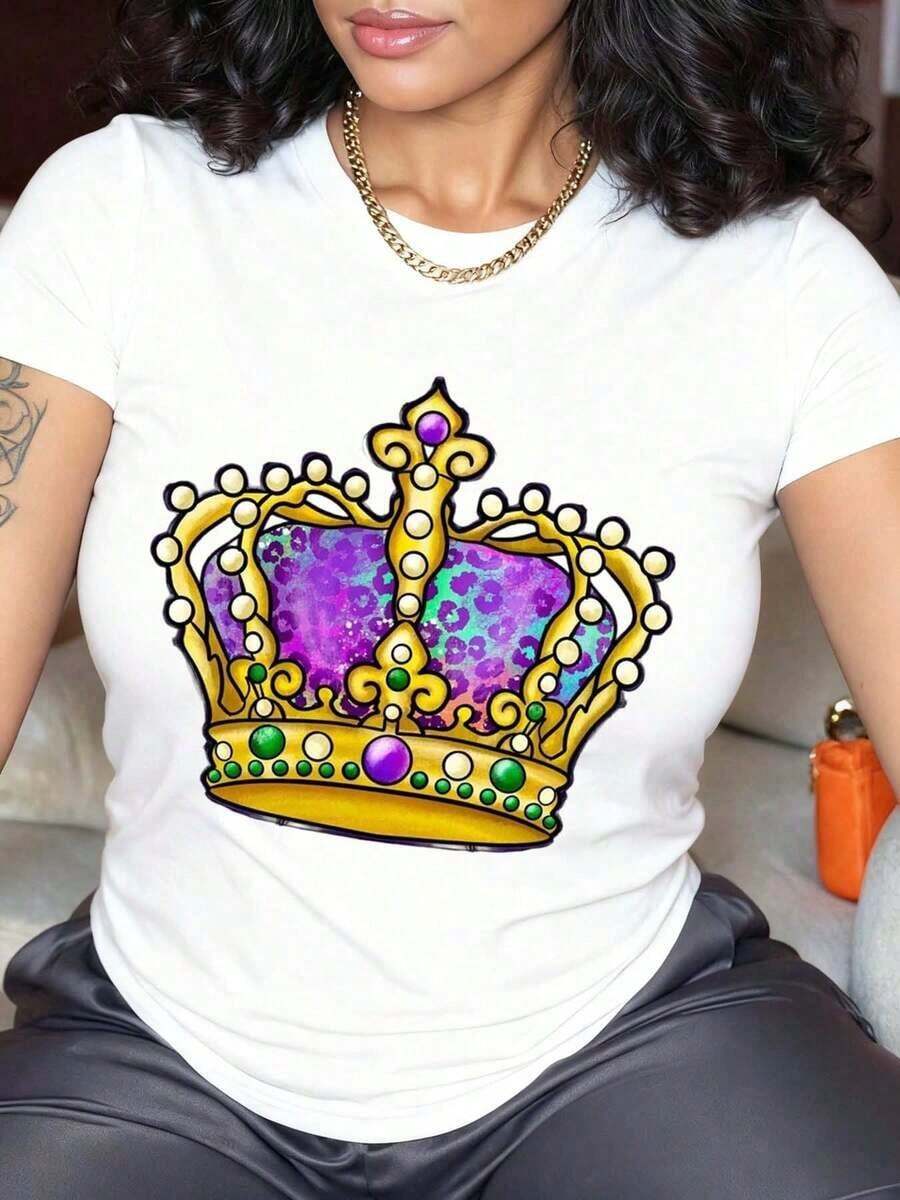 Camiseta Vintage para Mujer con Cuello Redondo, Estampado Divertido de Corona, Manga Corta, 100% Algodón, Casual, para Fiestas, Festivales, Opción de Regalo, Camiseta Gráfica - Blanco - Ver 1