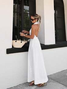 Vestido largo blanco vacacional de algodón puro, estilo halter sin mangas, espalda descubierta, diseño elegante y sexy - Blanco - Ver 5