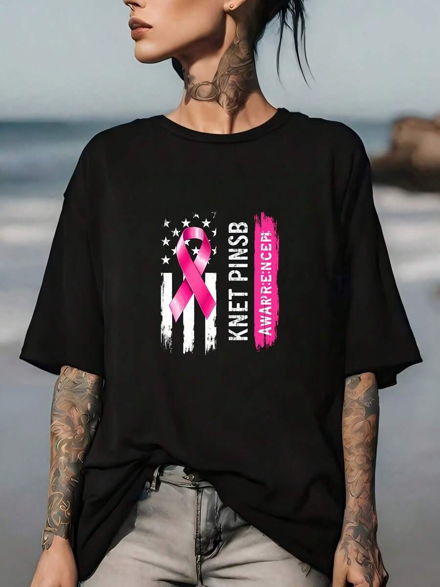 Camiseta Pink Badge B Awareness de 180g - Perfecta para reuniones familiares, actividades de team building y como regalo de apoyo al cáncer de mama. - Negro - Ver 1