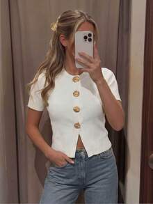 Damen Casual Elegant Metall Schnalle Weiß Rundhals Kurzarm Strick Top, Casual Kurzarm Strick Top geeignet für den täglichen Sommer Tragen - Weiss - Übersicht 2
