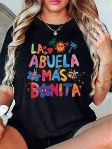 Women's T-Shirt - Minimalist Summer Casual T-Shirt With Graphic Print And "Grandma" Themed Typography - Breathable - Plus Size - Women's Crew Neck T-Shirt, Colorful And Adorable Clothing For Grandmas. Women's Tops - 黑色 - 查看 7