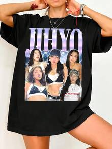 Jihyo Twic.E Unisex T-Shirt K-Pop Idol Music Merch. Vintage Graphic Print Casual Black Cotton Short-Sleeve T-Shirt - 黑色 - 查看 6