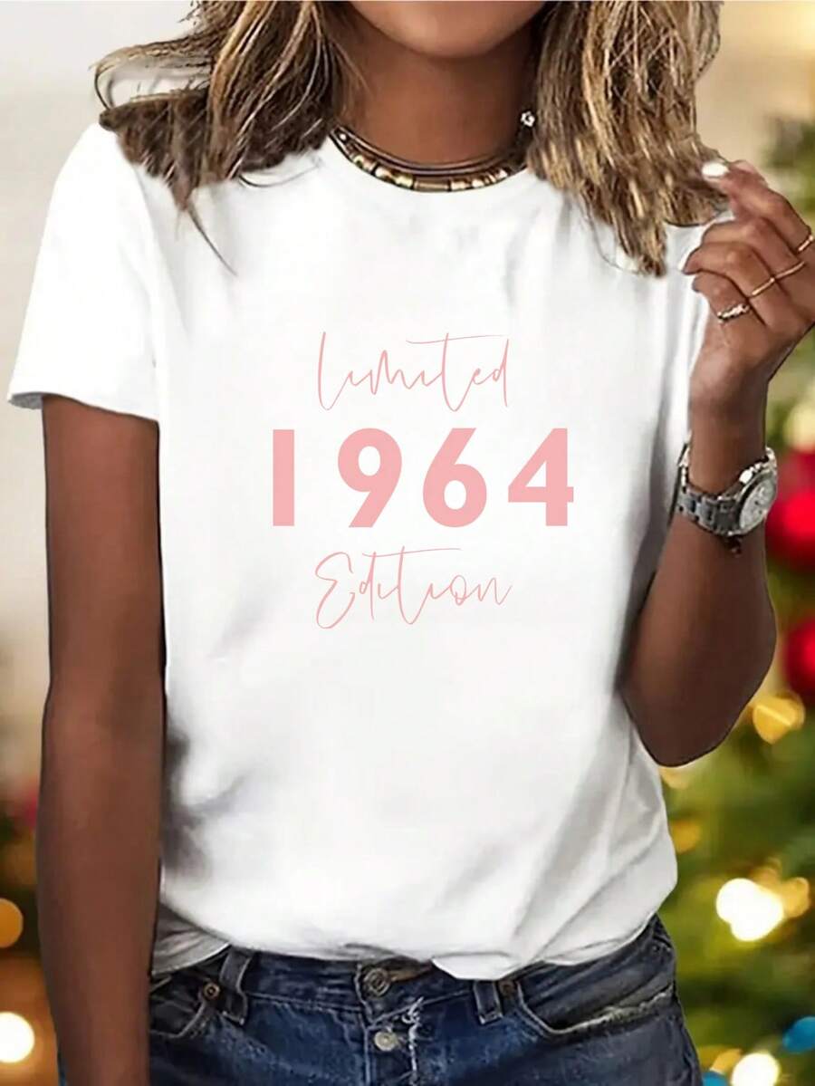 Women's Casual Cotton Crew Neck T-Shirt - 1 Piece Limited Edition 1964 Vintage Casual Sports T-Shirt For Women - High Elastic Geometric Pattern Crew Neck Top, Machine Washable, Comfortable For All Seasons, Gift For Mother's Day And Birthdays, Loose Fit T-Shirt, Sheer Fabric. Simple T-Shirt For Everyday Wear. - 白色 - 查看 1