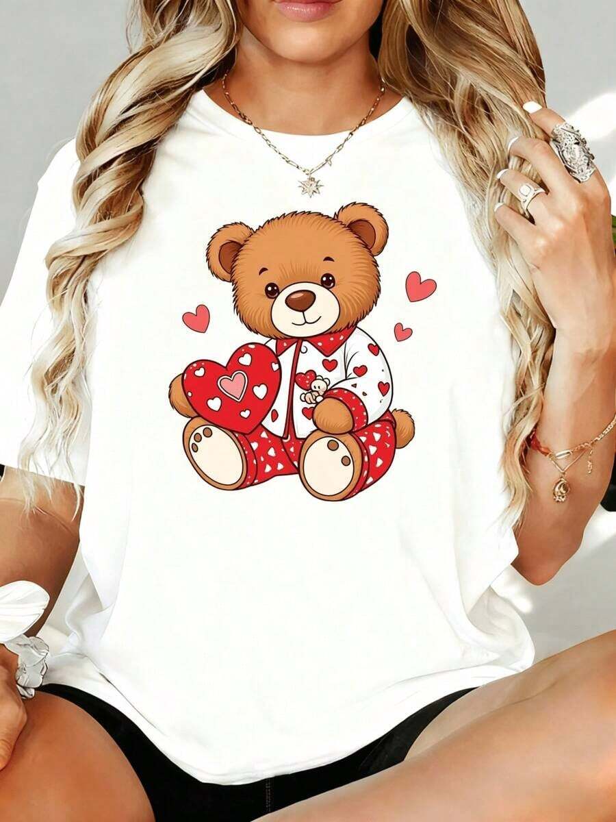 Camiseta de San Valentín con Oso Lindo Sosteniendo un Corazón para Mujer, Corte Holgado Casual, Blanca con Diseño de Corazones Rojos y Oso de Peluche, para la Temporada del Amor, 180g, para Ocio en Casa, Aire Libre, Regalo para Fiesta de San Valentín - Blanco - Ver 1