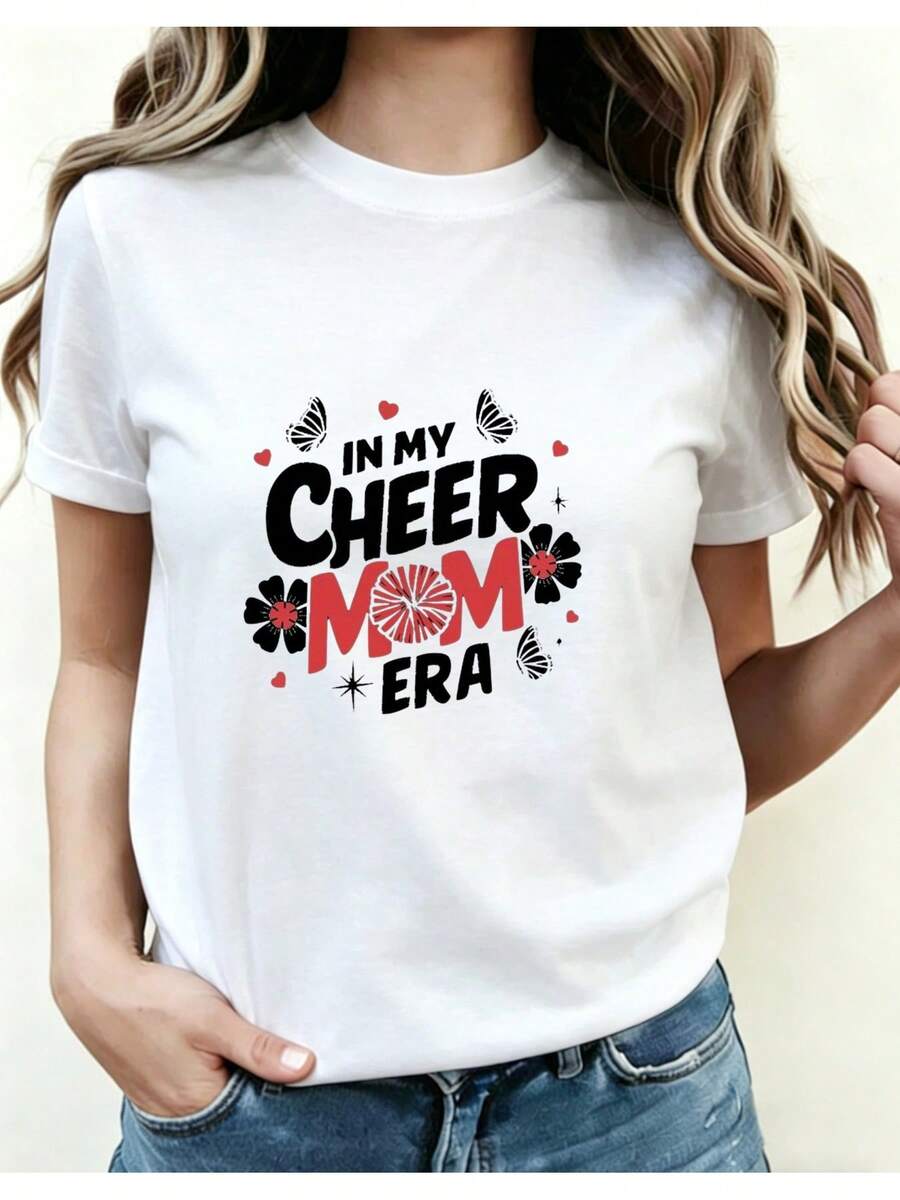 Camiseta roja y blanca con estampado de flores y mariposas, con el eslogan "Cheer Mom" para mujer, nuevo estilo de verano, versátil, casual, adelgazante, de manga corta. - Blanco - Ver 1