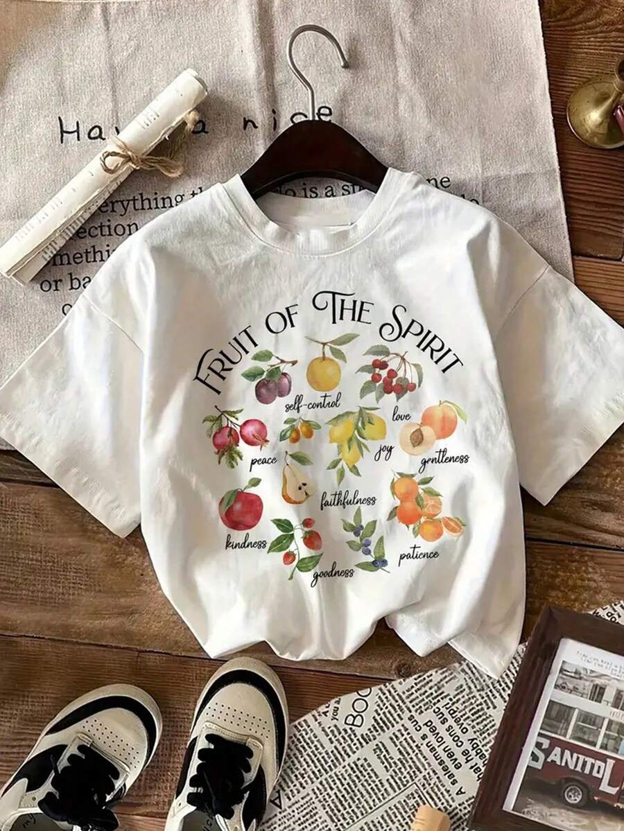 Camiseta de mujer con estampado "Fruto del Espíritu", de estilo casual y elegante, con cuello redondo y manga corta, con vibrantes ilustraciones de frutas, adecuada para deportes y ocio en primavera, verano y otoño. - Blanco - Ver 1