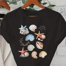 Women's Casual Beach T-Shirt - Starfish, Seashells & Coral Reef Design In Light Beige - Soft Crew Neck T-Shirt For Everyday Summer Wear - Machine Washable - Vacation Outfit - 黑色 - 查看 6