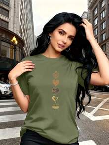 T-Shirt With An Artistic Heart Print Featuring Multiple Designs. Modern And Breathable, Suitable For Family Trips, College Activities, Casual Sports, Daily Commutes, Matching Sister Outfits-A Versatile Tee. E89T - 綠色 - 查看 6