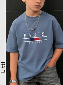 Áo thun ngắn tay cổ tròn màu xanh navy in họa tiết dành cho bé trai tuổi teen, kiểu dáng thường ngày, thích hợp mặc mùa hè. - Màu xanh bụi bặm - Xem 1