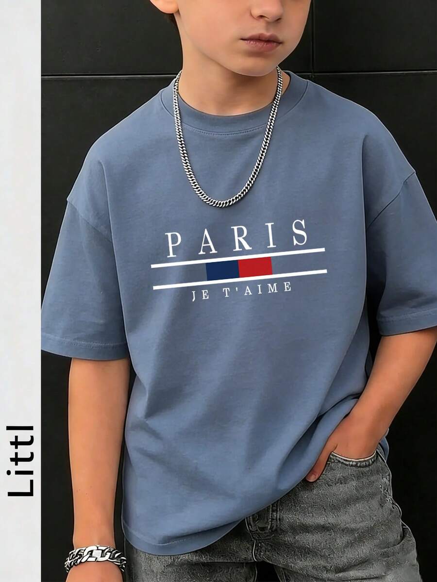 Áo thun ngắn tay cổ tròn màu xanh navy in họa tiết dành cho bé trai tuổi teen, kiểu dáng thường ngày, thích hợp mặc mùa hè. - Màu xanh bụi bặm - Xem 1