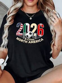 Número 2026 con banderas de Estados Unidos México y Canadá simbolizando unión continental y pasión por el fútbol durante un torneo que conecta corazones a través de Norteamérica camiseta de mujer casual cómoda ideal para fanáticas del deporte - Negro - Ver 6