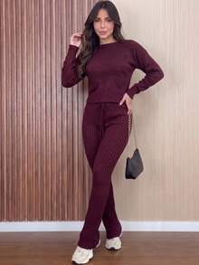 Women's Ribbed Knit Set: Long-Sleeved Blouse With Heart Details, High-Waisted Pants With Adjustable Drawstring, Casual Autumn/Winter Knitwear - Redwood - View 1
