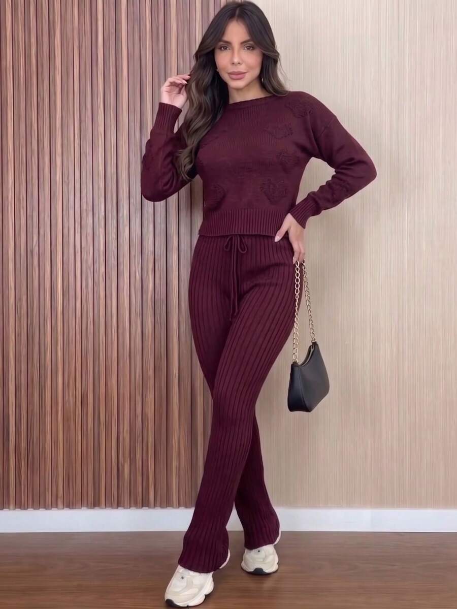 Women's Ribbed Knit Set: Long-Sleeved Blouse With Heart Details, High-Waisted Pants With Adjustable Drawstring, Casual Autumn/Winter Knitwear - Redwood - View 1