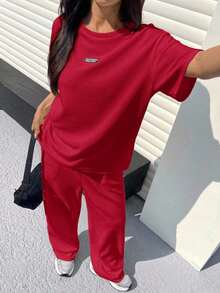 Conjunto informal de camiseta holgada y pantalones con textura mostaza para mujer - Rojo - Ver 3