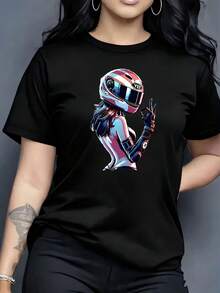 Women's fashionable T-shirt, featuring the "Mighty Man from  and " pattern print, made of 100% pure cotton with a round neck and short sleeves. It is comfortable and breathable, casual and elegant, a must-have for summer. - Negro - Ver 6