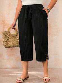 Pantalones casuales sueltos para mujer de talla grande, de unicolor, con cintura elástica y cordón - Negro 2 - Ver 3