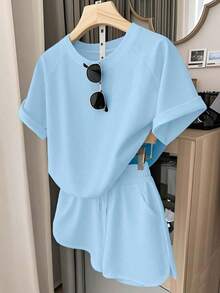 Conjunto de camiseta y pantalones cortos para mujer, diseño de patchwork de mezclilla vintage, top casual elegante para salidas de verano, estampado gráfico, versátil para uso diario, al aire libre, compras, viajes - Azul - Ver 1