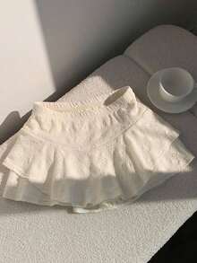 Culotte de mujer de cintura elástica y bajo con volantes de unicolor - Blanco - Ver 5