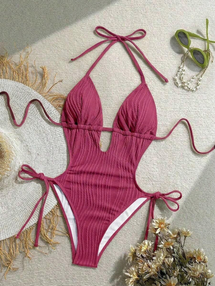 Traje de baño de una pieza con escote en  y espalda descubierta, de punto jacquard con textura, color verde oliva, adecuado para vacaciones en la playa - Rosa Fucsia - Ver 1
