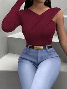Camiseta De Señora Entallada Con Cuello En V De Color Sólido - Burdeos - Ver 4