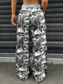 Pantalones anchos de mujer con estampado de camuflaje y cordón a la cintura, de uso casual - Gris - Ver 2