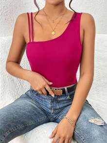 Top unicolor de cuello asimétrico tejido de canalé - Rosa Fucsia - Ver 6
