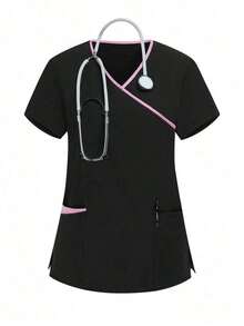 Conjunto de uniforme de pijama de unicolor con parches, cuello en V y manga corta - Negro - Ver 6