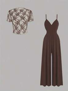 Conjunto de 2 piezas de mujer con tirantes finos y ajustado, moda de verano - Café integral - Ver 6