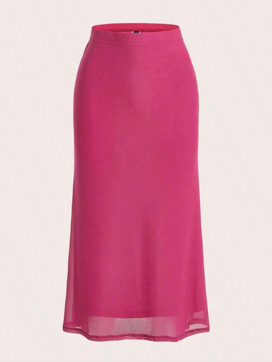 Falda negra de malla transparente con estampado de cola de pez, estrella, sol y luna - Rosa Fucsia - Ver 1