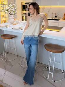 Blusa suelta con tirantes finos, borde de encaje y bajo asimétrico de unicolor para mujer - Albaricoque - Ver 5