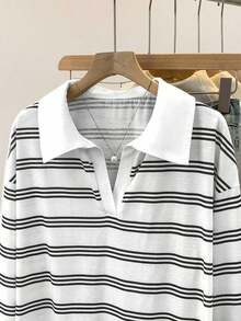 Camiseta holgada de murciélago a rayas de estilo casual para mujer, otoño - Blanco - Ver 4