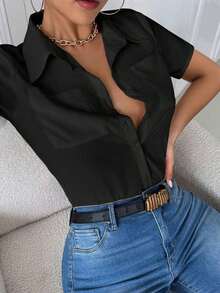 Blusa naranja casual de manga larga ajustada con cuello vuelto y bolsillo para mujer - Negro - Ver 3