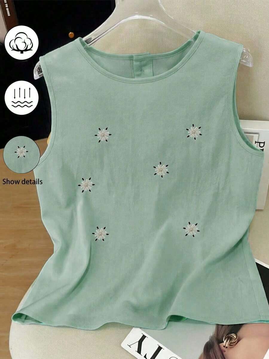 de lino sin mangas con bordado francés para mujer - verde menta - Ver 1