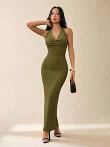 Vestido elegante de mujer de unicolor con cuello drapeado de malla, vestido largo, estilo vacacional, adecuado para vacaciones de otoño/invierno - Verde militar - Ver 6