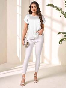 Blusa suelta elegante de verano para mujer con cuello redondo, mangas cortas tipo murciélago y unicolor - Blusas de manga corta - Blanco - Ver 5