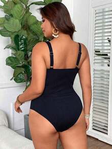 Traje de baño de una pieza con cuello cuadrado, fruncido y control de abdomen, de unicolor acanalado, de talla grande, minimalista para uso diario - Azul marino - Ver 2