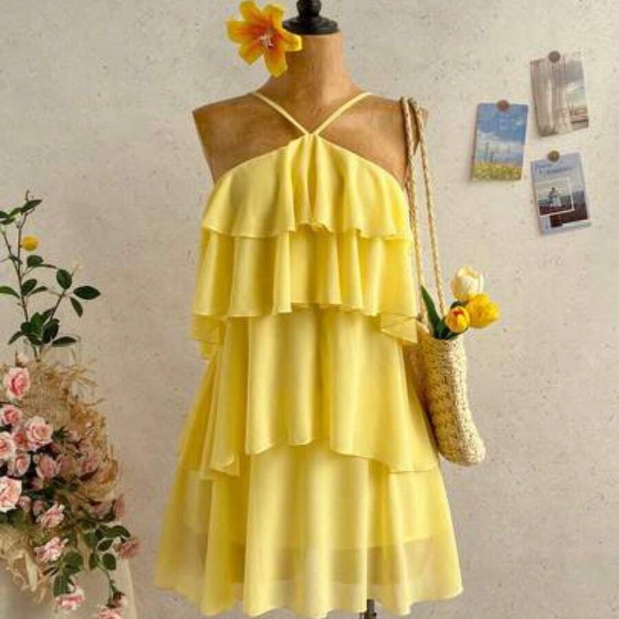 New Elegant Romantic Wedding Guest Solid Color Backless Multi-Layer Ruffle Chiffon Mini Dress, Suitable For Bohemian, Boho, Romantic Floral, Vacation, Floral Party, Date, Valentine's Day, Easter, Carnival, Afternoon Tea, Beach, Cruise, City Street Holiday,Summer Dresses For Women - Amarillo - Ver 1