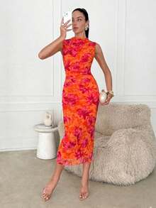 Vestido midi de Body con estampado abstracto rojo sin mangas, adecuado para el verano - Naranja Quemada - Ver 3