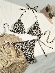 Swim Mod Conjunto de bikini sexy para mujer con estampado floral de verano, copa push-up y cuello halter con lazo - Multicolor 7 - Ver 1