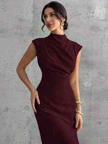 Vestido largo de mujer elegante y casual para uso diario, viajes y moda, con cuello mao, mangas drapeadas y cintura ceñida en color albaricoque - Burdeos - Ver 2