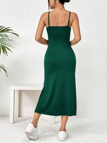 Vestido midi de leopardo con abertura lateral y tirantes - Verde Oscuro - Ver 2