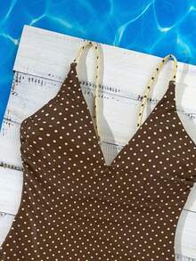 Traje de baño de una pieza con tirantes ajustables y reversible con base amarilla y lunares marrones + rayas marrones y amarillas, Primavera/Verano 2026 - Multicolor 4 - Ver 6
