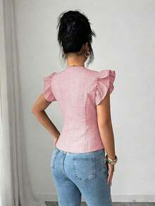 Flora Isola Cárdigan elegante de mujer con cuello en V y decoración de hebilla metálica, cintura ajustada y mangas con volantes, blusa refinada para damas - Rosa - Ver 2